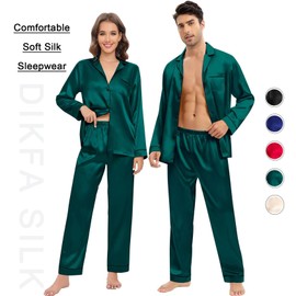 DIKFA Couple Matching Pajama Set for Men Silk Satin Pjs Long Sleeve Button-up Loungewear Two-Piece Sleepwear Silky PJS Set Dark Green