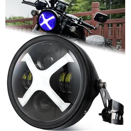 HENGTUAOTO 7inch X-Style White/Blue DRL Motorcycle Headlight with Headlight Housing Bucket Mount Brackets Compatible with CB400 CB1300 Vulcan custom XS650 Chopper Cafe Racer Bob