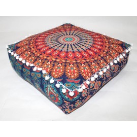 Mandala Barmeri Large Floor Pillow Cover Cushion Meditation Seating Ottoman Throw Cover Hippie Decorative Zipped Bohemian Pouf Ottoman Cases Multi Orange, 24" Square