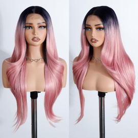 Style Icon Pink Easy-360 Lace Wigs 28 inch Free Part Lace Frontal Wigs 13x4 HD Glueless Straight Layered Lace Front Wig for Women Synthetic Wig