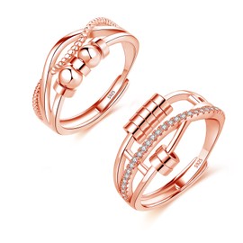 Glintara Anxiety Ring 925 Silver 2 Pieces 925 Sterling Silver Anti-Stress Ring Set, Open Adjustable Spinner Fidget Rings, Partner Rings Pair Rings Against Anxiety, Mood Ring with Beads for Women