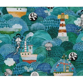 Soimoi Waterproof Outdoor Fabric by 3 Metre | Ocean Design on Green | 56" Wide | UV Resistant & Durable Taffeta Material for Cushions, Covers, Curtains, Awning & DIY Projects