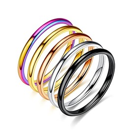 COLORFUL BLING 2mm Thin Titanium Stainless Steel Stackable Band Knuckle Stacking Rings Set Dome Polished Surface Midi Ring Simple for Men Women Wedding Classic Jewelry-5