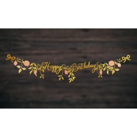 Floral Happy Birthday Banner – Pink & Gold Paper Garland with Gold String, 1.3m, Elegant Cursive Script with Flowers, Birthday Decoration for Women & Girls, Garden or Botanical Theme
