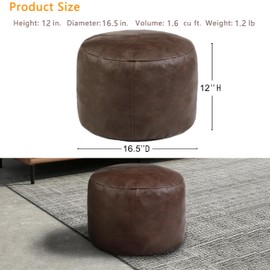 Thgonwid Unstuffed Faux Leather Pouf Cover, Handmade Footstool Ottoman Storage Solution, Floor Footrest Cushion - 16.5”Dx12”H, Matte Coffee