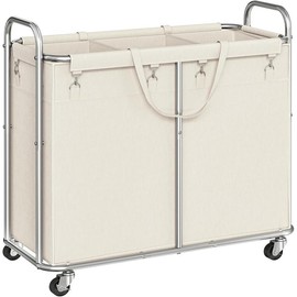 Laundry Basket with Wheels, 46 Gallons (174L) Rolling Laundry Hamper, 3-Section Laundry Cart with Removable Liner, Steel Frame Dirty Clothes Hamper with Handle, Beige and  SW09XY01 - Color: Black+Silver, Size: 35.4"L x 15.7"W x 31.5"H