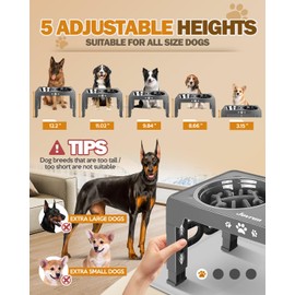 Jovrun Elevated Dog Bowls, Dog Feeder with Stainless Steel Dishes & Slow Feeder Bowl, 5 Heights Adjustable Raised Stand for Medium Large, Food Dishes with Non-Slip Feet