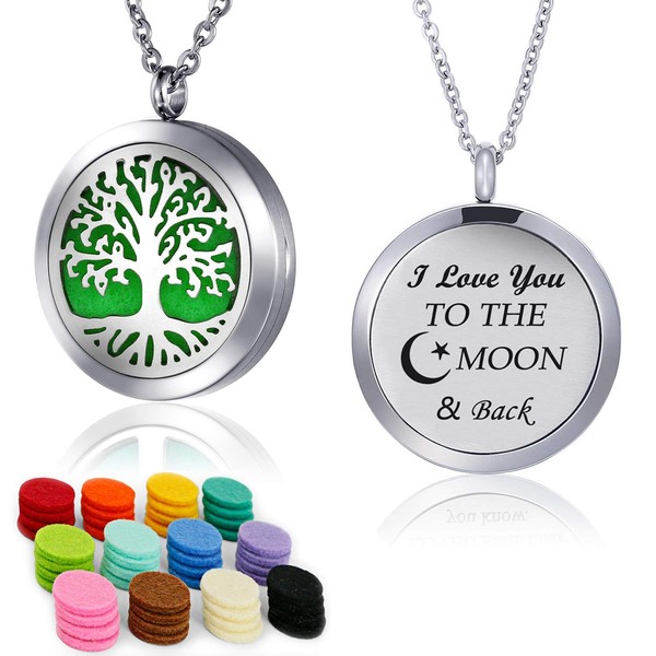 Essential Oil Necklace Diffuser Family Tree of Life Necklace Pendant Aromatherapy Locket 49 Refill Pads (Moon Back Diffuser Locket)