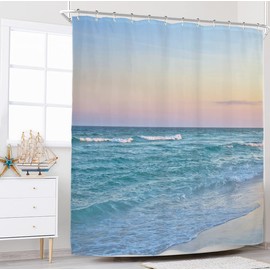 Riyidecor Ocean Beach Shower Curtain for Bathroom Decor 72Wx72H Beachy Hawaiian Waves Sea Blue Pink Tropical Coastal Seaside Scene Island Art Printed Fabric Polyester Waterproof 12 Pack Plastic Hooks
