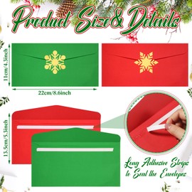 Epakh 100 Pcs #10 Christmas Envelopes with 120 Pieces Christmas Snowflake Seal Stickers Red and Green Envelopes Self Adhesive for Holiday Mail Gift Wrapping(Gold,Classic Style)