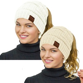 Rosoz Womens Ponytail Beanie Winter Beanie Hat Ponytail Hatfor Women Tail Stretch Cable Knit Cap Messy High Bun Hat