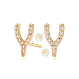 MYEARS Women Wishbone Earrings Gold Stud Cluster Cubic Zirconia 14K Gold Plated Small Simple Hypoallergenic Everyday Jewelry