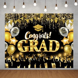 10x8ft Graduation Backdrop 2025 Congrats Grad Prom Banner Class of 2025 Graduation Party Backdrops Decorations Black and Gold Bachelor Cap Background