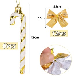 COLOFALLA 18pcs Christmas Decorations Candy Canes Gold White and Small Gold Bows for Christmas Tree Decorations Hanging Ornaments (Gold)