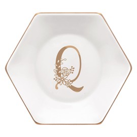 CARAKNOTS Jewelry Dish for Women Ceramic White Ring Dish Birthday Engagement Wedding Valentines Gifts for Her Jewelry Tray for Rings Earring Necklace Monogram Initial Decorative Trinket Plate Letter Q