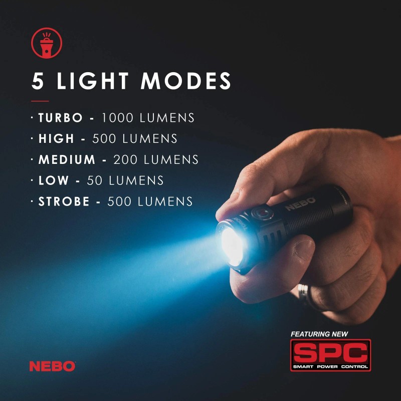 NEBO Compact Rechargeable EDC Flashlight 1000 Lumens 5 Light Modes