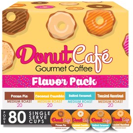 Donut Café - Gourmet Coffee Medium Roast Flavored Variety Pack – Pecan Pie, Coconut Crumble, Salted Caramel, Toasted Hazelnut – Single Serve Coffee Pods for Keurig K Cup Brewers – 80 Count