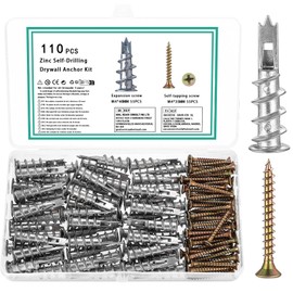 QOOSIKICC Pack of 110 M4 Self-Drilling Plasterboard Dowels, Metal Plasterboard Dowels with Screws, Cavity Dowels Drywall Dowels with Self-Tapping Screws for Attaching to Plasterboard Concrete Bricks