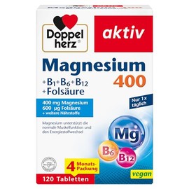 Doppelherz Magnesium 400 + B1 + B6 + B12 + Folic Acid, Magnesium Supports Normal Muscle Function and Energy Metabolism, 120 Vegan Tablets