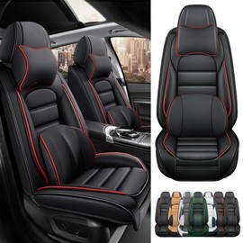 Cscevt 2 Seat Covers for KIA Optima 2002-2020 Upgraded Leather Car Seat Covers Waterproof Anti-Slip Soft Car Seat Protectors Comfort Automotive Seat Covers with Airbag（Luxury,Black+Red Bars）