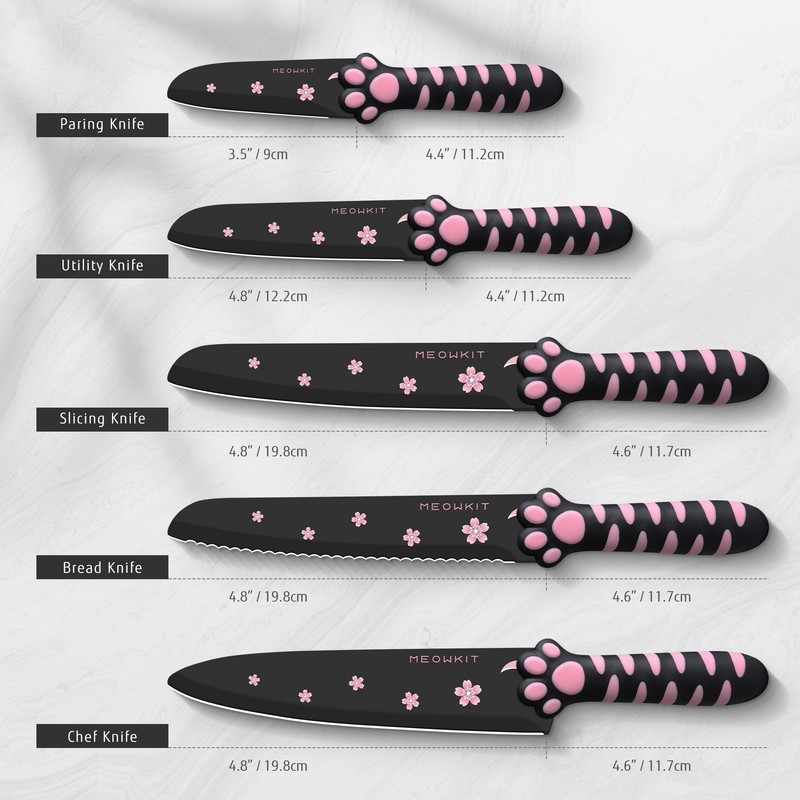MEOWKIT Cute Kitchen Knife Set, Dishwasher Safe, 5 pieces Non-Stick