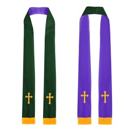 IvyRobes Unisex Adult Reversible Church Clergy Stole with Gold Embroidery Cross 229 cm Choir Priest 5 Colours, Forest Purple