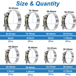 Tnisesm 16Pcs 8 Sizes T-Bolt Hose Clamps, 304 Stainless Steel Heavy Duty Hose Clamp Assortment Set Working Range 28-91mm for 3/4"-3inch Hose ID, Radiator Turbo Intake Soft Hose Intercooler Clamps