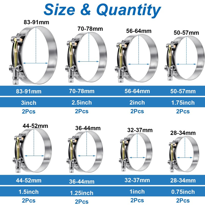 Tnisesm 16Pcs 8 Sizes T-Bolt Hose Clamps, 304 Stainless Steel