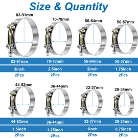 Tnisesm 16Pcs 8 Sizes T-Bolt Hose Clamps, 304 Stainless Steel Heavy Duty Hose Clamp Assortment Set Working Range 28-91mm for 3/4"-3inch Hose ID, Radiator Turbo Intake Soft Hose Intercooler Clamps