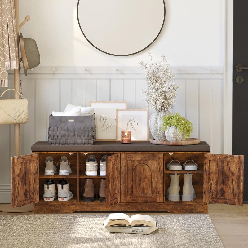 DINZI LVJ Shoe Bench, Entryway Storage Bench with Doors, Cushion,