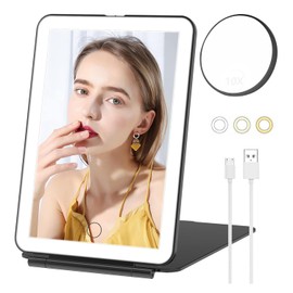 Espejo Cosmético De Viaje Plegable LED,Pequeño Espejo Con Función De Aumento De 10x,Luz De Intensidad Ajustable De 3 Colores,Interruptor De Pantalla Táctil, Recargable Por USB,Regalos Para Mujeres