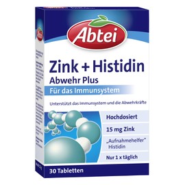 Abtei Zinc + Histidine Abwehr Plus - High Dose - Dietary Supplement for the Immune System - with Histidine - 1 x 30 Tablets