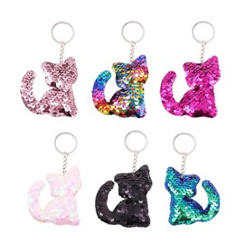 NUOBESTY Sequin Cat Keychain, 24Pcs Colorful Cat Shaped Keyring for Girls - Glitter Key Holder for Bags, Backpacks, Purses