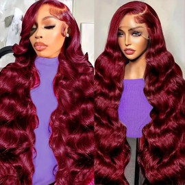 OOVVDA 32 Inch 99J Burgundy Lace Front Wig Human Hair 200 Density 13x4 HD Transparent Lace Body Wave Pre Plucked Wine Red Colored Glueless Wig for Women