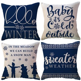 ULOVE LOVE YOURSELF 4Pack Hello Winter Throw Pillow Cover 18x18'' Blue Sweater Weather/Snowflake Christmas Decor Pillowcases Winter Holiday Decorative Cushion Covers for Sofa/Couch/Porch MYT4P