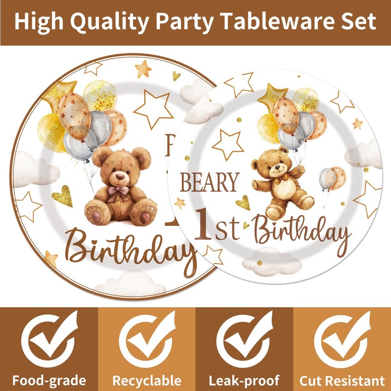 Beary First Birthday Decorations Tableware - 96Pcs Beary 1st Birthday