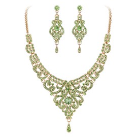 EVER FAITH Women's Austrian Crystal Elegant Wedding Vase Flower Necklace Earrings Set Green Gold-Tone