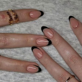 Black French Tip Press on Nails Medium Oval Glue on Nails Mirror False Nails Full Cover Acrylic Fake Nails for Women Girls