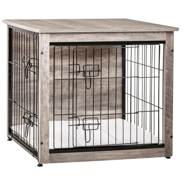 DWANTON Dog Crate Furniture with Cushion, Wooden Dog Crate with Double Doors, Dog Furniture, Dog Kennel Indoor for Small/Medium/Large Dog，End Table, Small, 27.2" L, Greige
