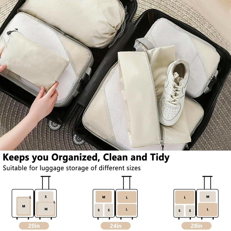 POWZOO 8-Piece Compression Packing Cubes Set, Clothes Bags, Shoe Bags,