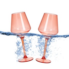 Floating Wine Glasses for Pool (18 Oz | Set of 2) - Wine Glass Set That Float | Shatterproof Poolside Wine | Beach Glass | Outdoor Tritan Plastic Glassware with Stem for Patio, Picnic - Peach Orange