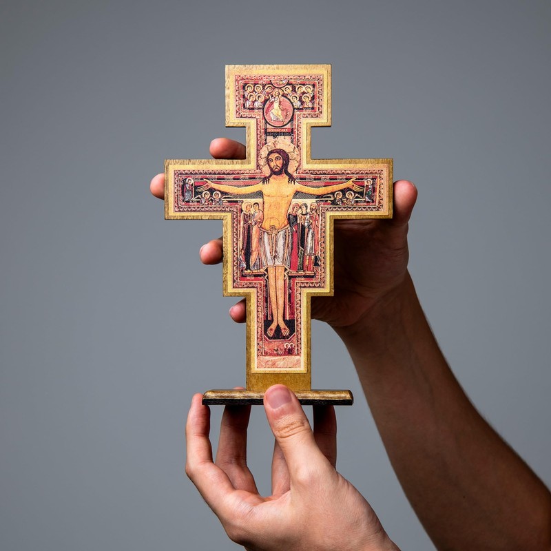 Intercession San Damiano Standing Wood Cross Crucifix