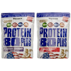 WEIDER Protein 80 Plus Eiweißpulver, 2 Pack Mixed, Erdbeer/Waldfrucht-Joghurt, Low-Carb, Mehrkomponenten Casein Whey Mix für Proteinshakes, 2x500g
