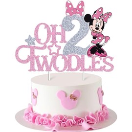 Mouse Oh Twodles Cake Topper for Girls, Pink Glitter Mouse Second 2nd Birthday Cake Topper with Pink Bows for Girls Birthday Party Decorations Supplies, Silver&pink