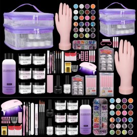 Acrylic Nail Kit for Beginners with Everything - Practice Hand for Acrylic Nails - 6PCS Nail Powder Liquid Set with UV Lamp - Professional Manicure Set in Pink Bag for Starter Home Salon (Purple-1)
