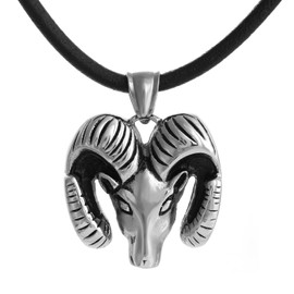 DonDon Men's Leather Necklace 50 cm with Stainless Steel Ram / Aries Starsign Pendant - Delivered in Black Velvet Bag