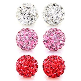 JewelrieShop Rhinestones Crystal Ball Stud Earrings Set Fireball Disco Ball Pave Bead Earrings Hypoallergenic for Women 8mm x 3 Pairs (White, Lt. Rose Pink, Red)
