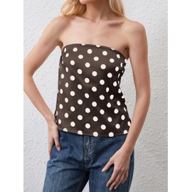 Womens Polka Dots Strapless Satin Tube Tops Casual Going Out Bandeau Top Cute Off Shoulder Shirts Y2k Summer Silk Tank Tops,Brown, Medium