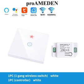 roAMEDEN Touch-Wandschalter, ohne Verkabelung, 10 A, Funktioniert mit Tuya/Smart Life, kompatibel mit ALexa, Google Assistant (1/un-1 Gang Wireless Switch White+1/un Controller) 1 Set
