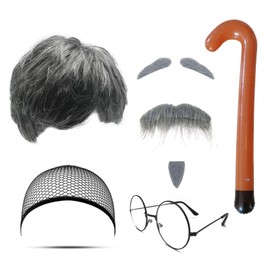 MIVAIUN 8 Stück Opa Kostüm Set Großvater Perücke Alter Mann Perücke Grau Bart Augenbrauen Perücke Mütze Brille Aufblasbarer Spazierstock Rentner Kostüm Herren Perücke Kostüm für Cosplay Party (Set-B)